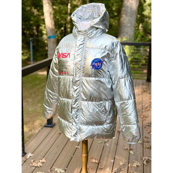 NASA Silver Puffer Jacket by Sen Li Lang Unisex Hooded Metallic Space Coat L - Picture 4 of 12